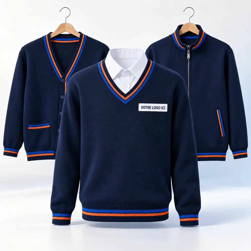 Pull col V, cardigan et veste zippée marine à bords-côtes contrastés, emplacement du logo brodé.