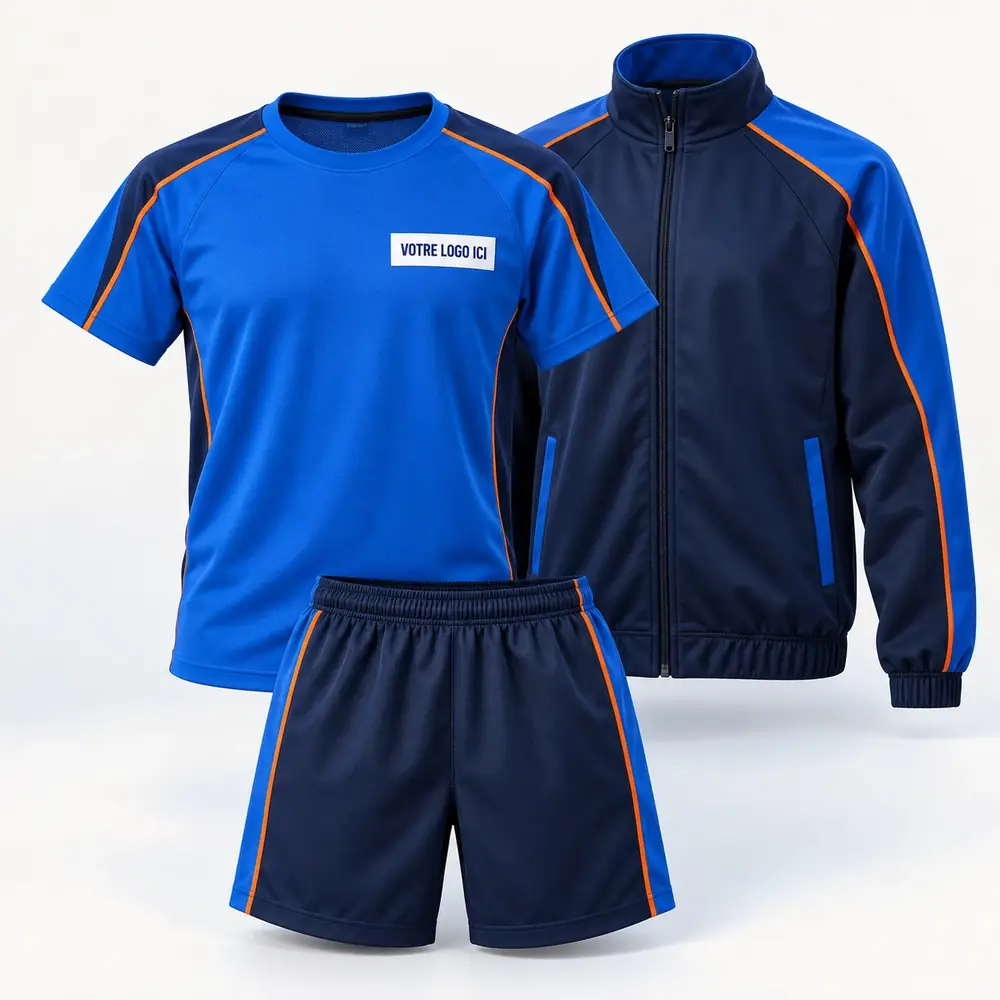 Tenue de sport scolaire : t-shirt, short et veste de survêtement bleu et marine, emplacement du logo.