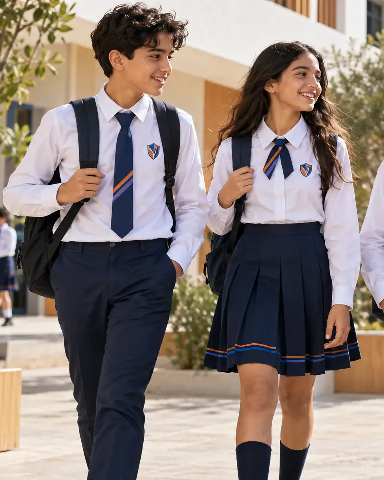 Lycéens en chemise blanche et cravate rayée aux couleurs de l’école.