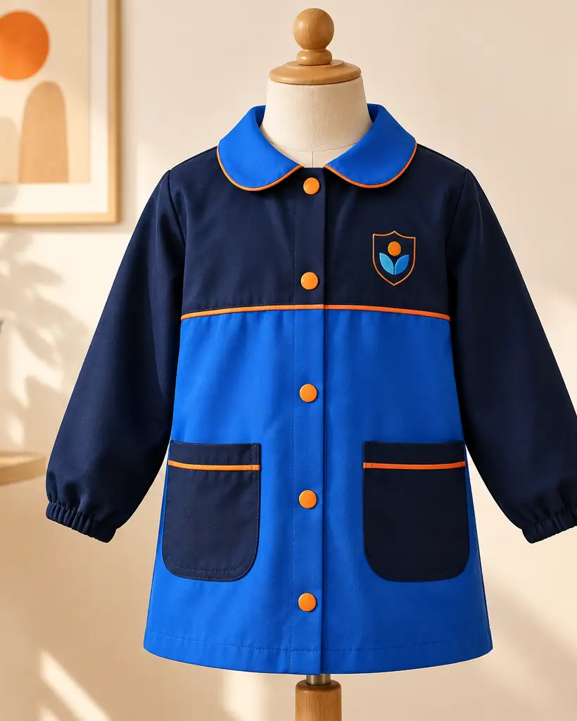 Tablier de maternelle bicolore, col claudine et logo brodé poitrine.